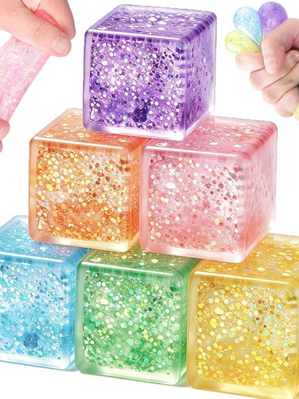 Slow Rise Glitter Ice Cube Squishy Stress Fidget Toy (Qty 1) Random Color - Picture 2 of 4